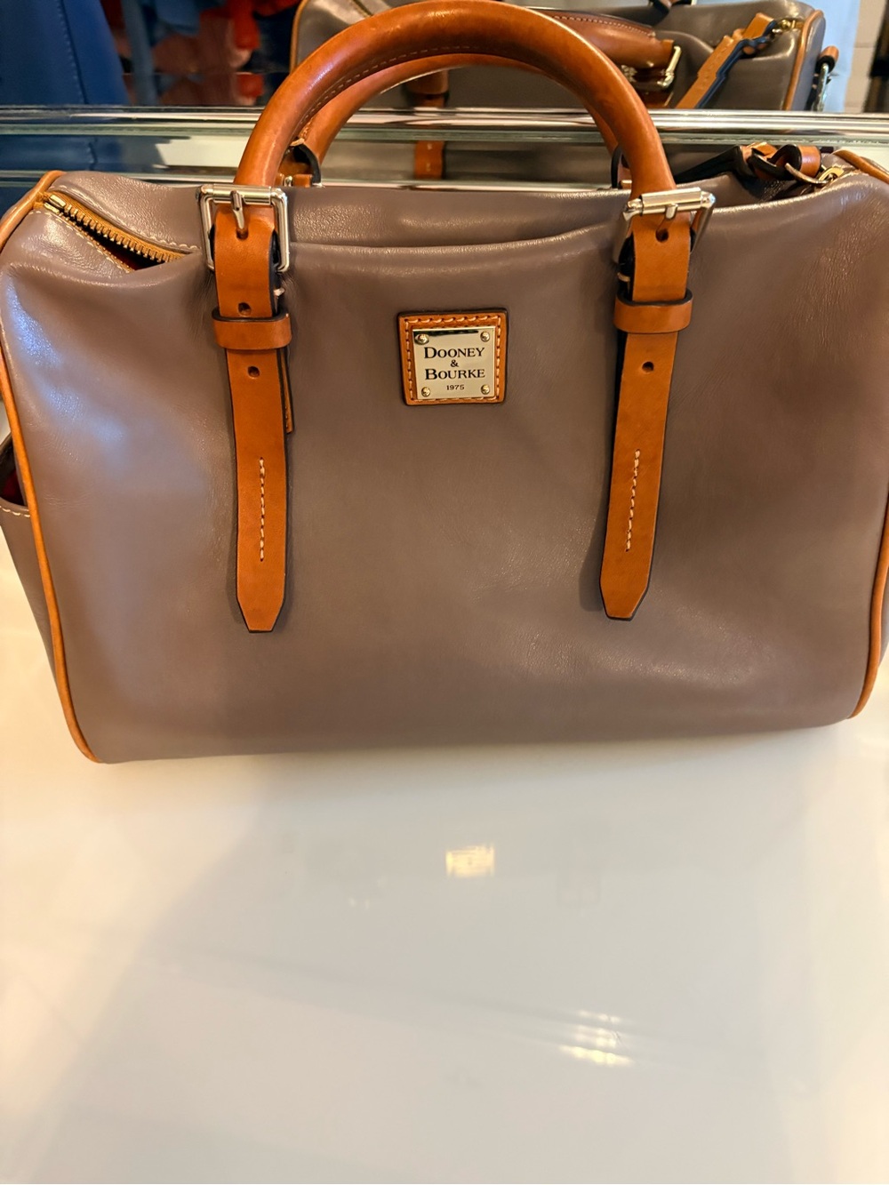 Dooney & Bourke Taupe Leather Brief with Tan Trim and Handles